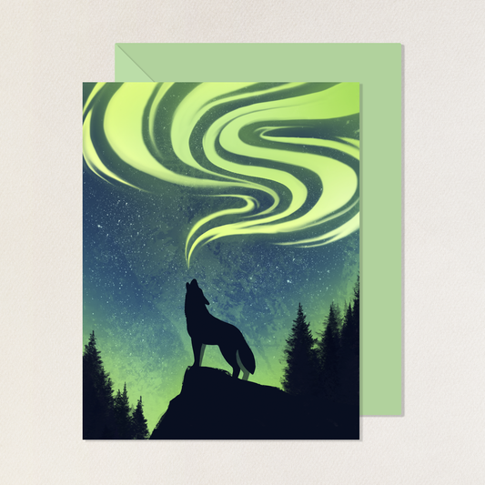 Northern Lights Wolf Greeting Card and Envelope