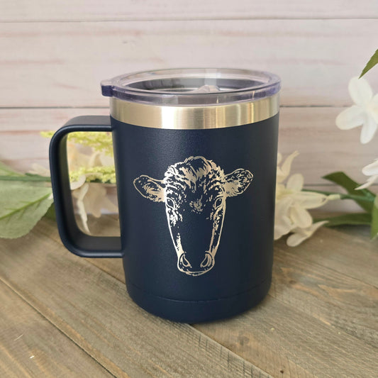 Engraved Cow Navy Blue Travel Mug || 15 oz || Sun Fire Ridge