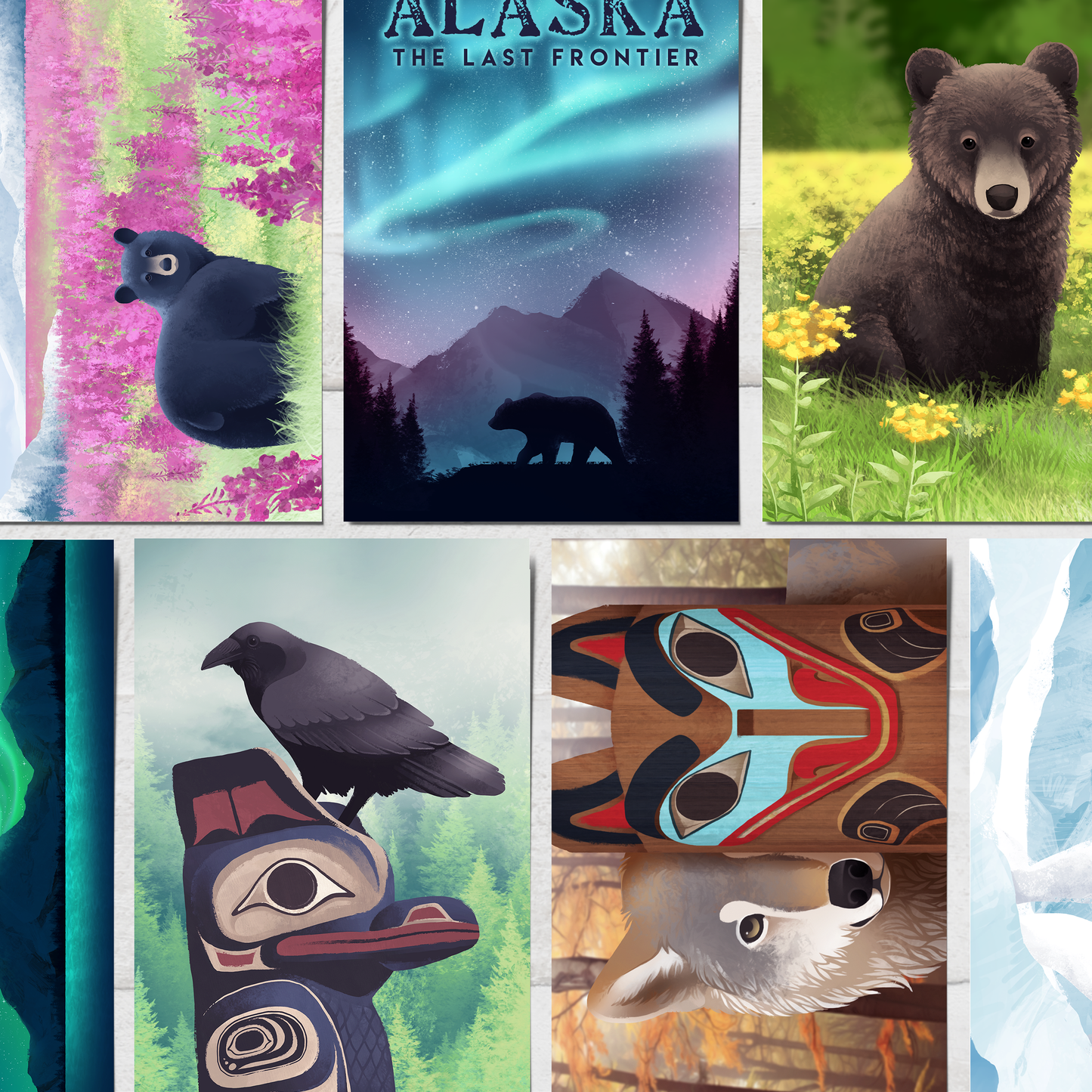Northern Lights Bear Postcard || 4x6 Blue Travel Alaska Art Postcard