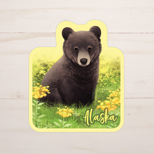 Alaska Black Bear Cub Floral Sticker || Waterproof Vinyl