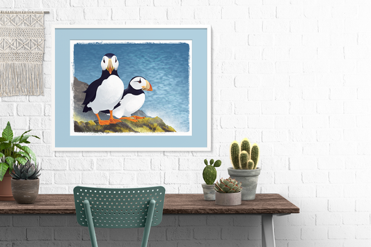 Horned Puffin Pair || Coastal Wildlife Fine Art Print