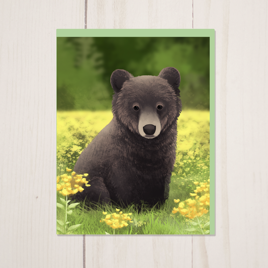 Baby Black Bear Wildflower Greeting Card and Envelope