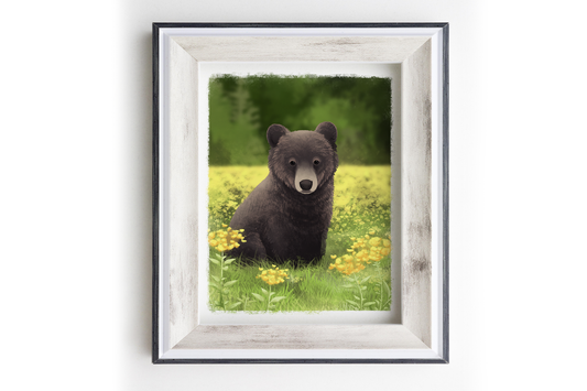 Baby Black Bear Floral || Wildflower Wildlife Fine Art Print