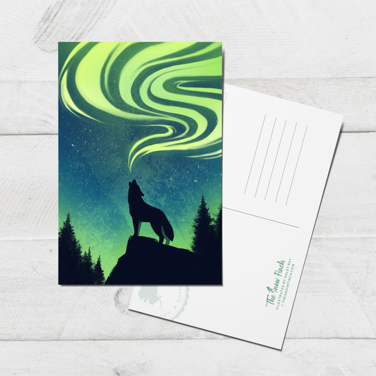 Northern Lights Wolf Postcard || 4x6 Travel Alaska Art Postcard
