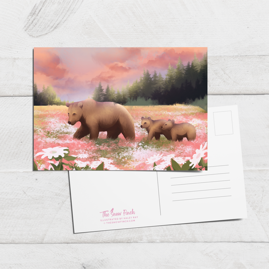 Mama Bear and Cubs Wildflower Meadow Postcard || 4x6 Alaska Art Postcard