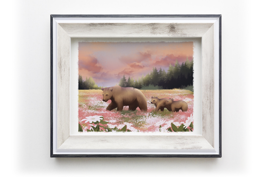 Mama Bear and Cubs in Floral Meadow || Wildflower Wildlife Fine Art Print