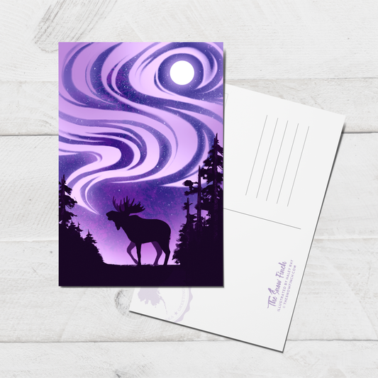 Northern Lights Moose Postcard || 4x6 Travel Alaska Art Postcard