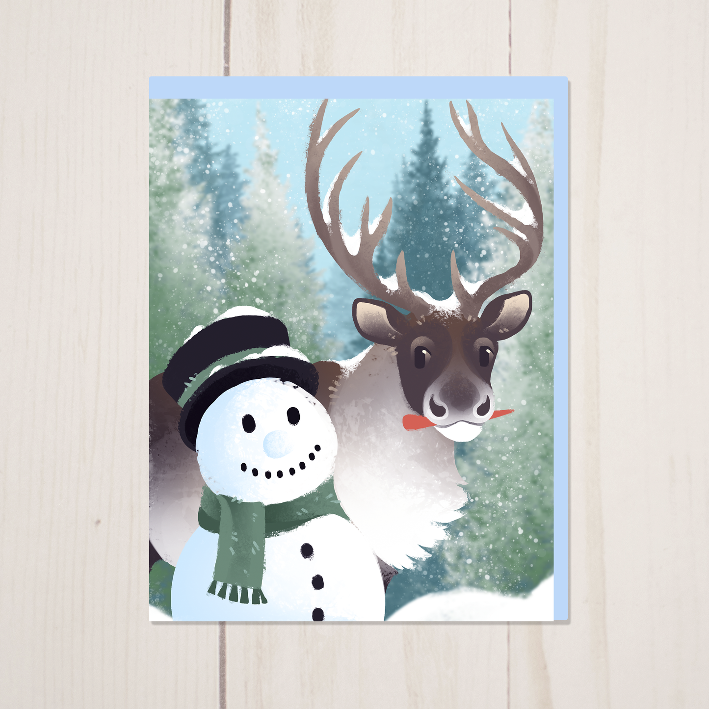 Snowman & Reindeer || Christmas Winter Holiday Greeting Card with Envelope