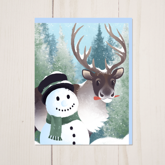 Snowman & Reindeer || Christmas Winter Holiday Greeting Card with Envelope