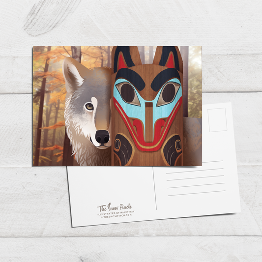 Tlingit Wolf Totem Pole Postcard || 4x6 Travel Alaska Art Postcard