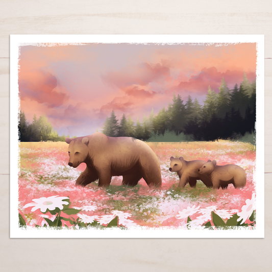 Mama Bear and Cubs in Floral Meadow || Wildflower Wildlife Fine Art Print