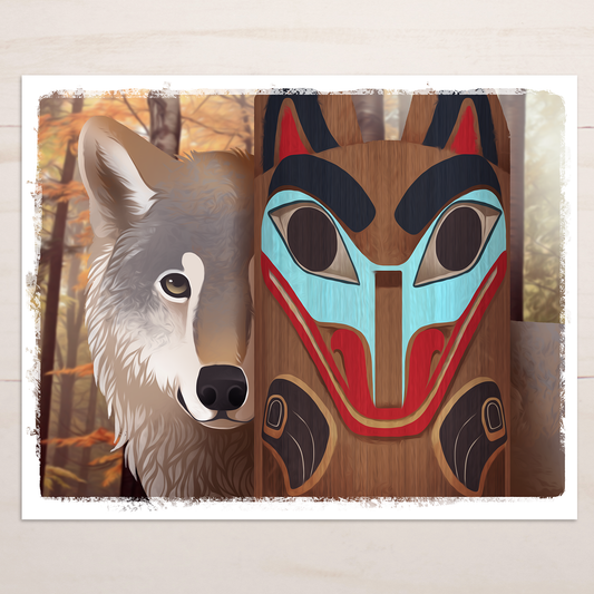 Tlingit Wolf Totem Pole || Native Alaska Wildlife Art Print