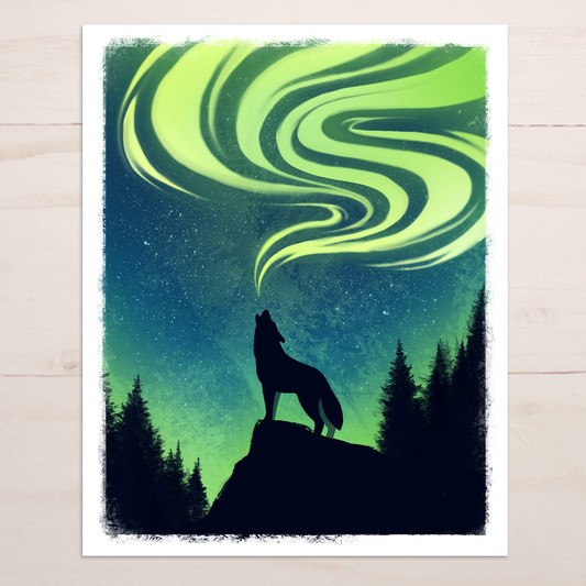 Northern Lights Wolf || Aurora Borealis Art Print