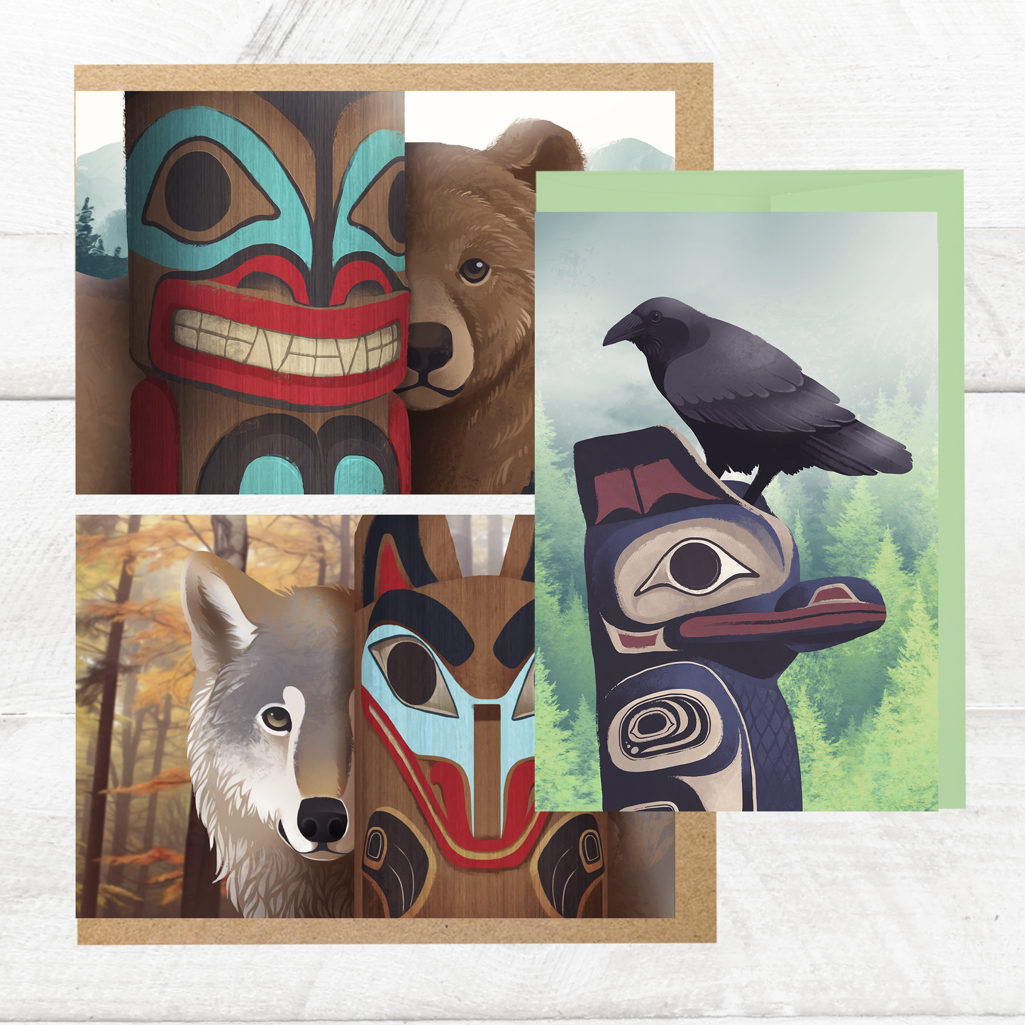 Animal Totem Postcard Set || Wolf Raven Bear Alaska Illustration