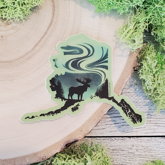 Alaska State Northern Lights Moose Sticker || Waterproof Vinyl