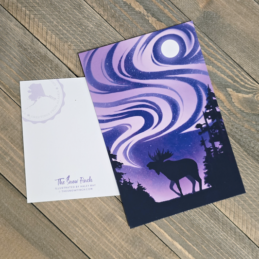 Northern Lights Moose Postcard || 4x6 Travel Alaska Art Postcard